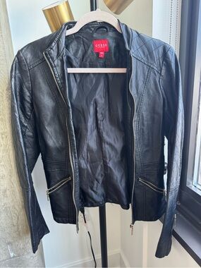 GUESS Black Leather Moto Zip Jacket